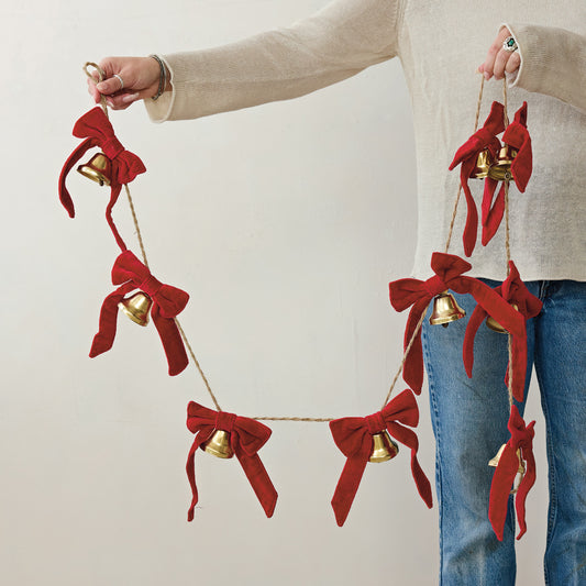 Metal Bell Garland with Cotton Velvet Bows, Gold Finish & Red