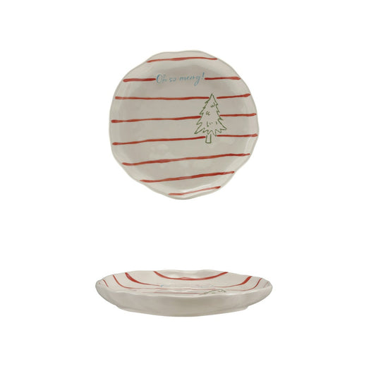 Hand-Painted Stoneware Organic Shaped Striped Plate with Wax Relief Tree